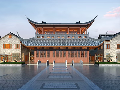 Traditional Chinese Commercial Street with Sloped Roof Ornate Eaves and Stone Pavement 3d model