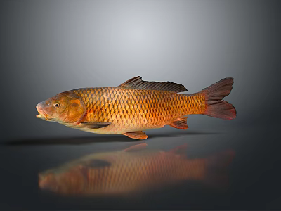 Orange Fish With Shiny Scales And Clear Reflection On Gray Background 3d model