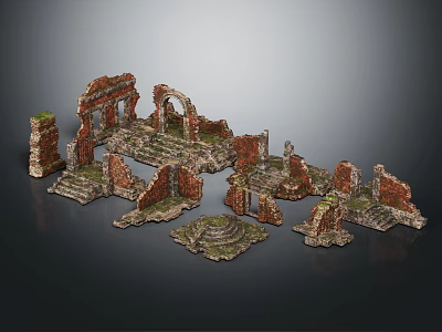 Ancient Architectural Ruins Featuring Arches Steps and Moss Covered Walls 3d model