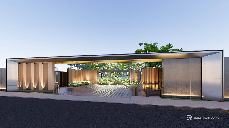 Modern Entrance Gate Design With Wooden Panels Greenery And Ambient Lighting 3d model 