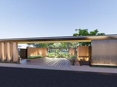 Modern Entrance Gate Design With Wooden Panels Greenery And Ambient Lighting 3d model