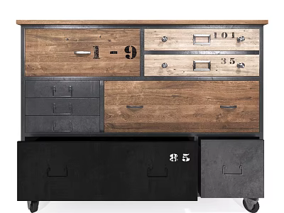 Wooden and Black Chest of Drawers with Multiple Drawers Numbered Labels and Wheels 3d model