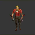 Man With Blonde Hair Red Beard In Red Shirt Holding Two Axes On Grey Background