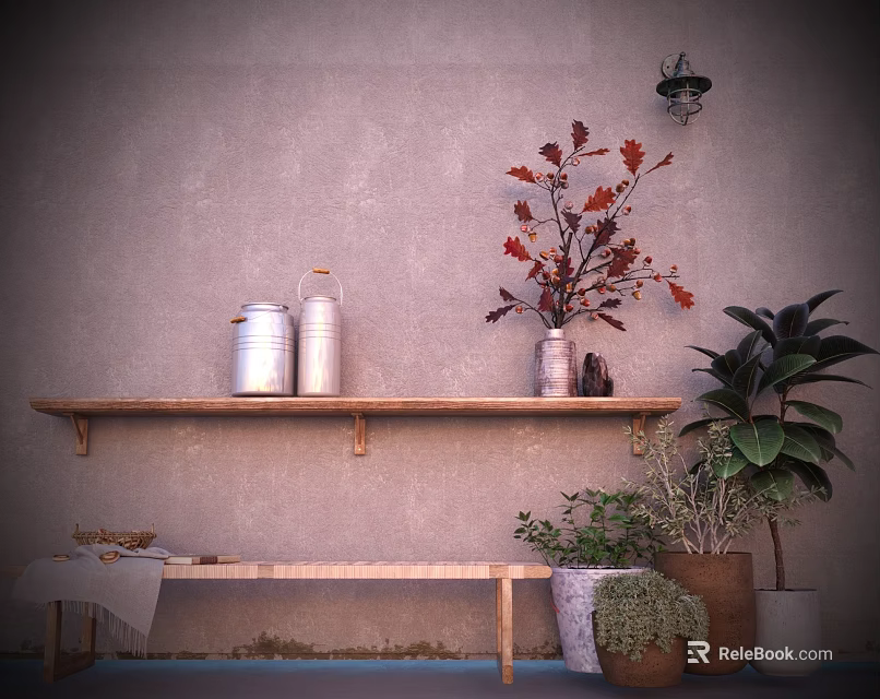 Bonsai Potted Plants on Wooden Shelf with Silver Jars Red Brown Leaves Light Pink Wall 3d model 