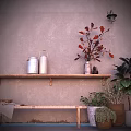 Bonsai Potted Plants on Wooden Shelf with Silver Jars Red Brown Leaves Light Pink Wall