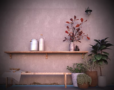 Bonsai Potted Plants on Wooden Shelf with Silver Jars Red Brown Leaves Light Pink Wall 3d model