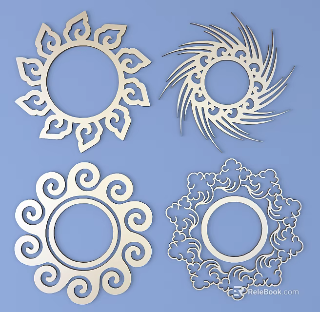 Ornate Circular Metal Carved Decorations With Intricate Patterns On Blue Background 3d model 