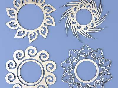 Ornate Circular Metal Carved Decorations With Intricate Patterns On Blue Background 3d model