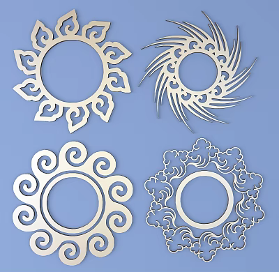 Ornate Circular Metal Carved Decorations With Intricate Patterns On Blue Background 3d model