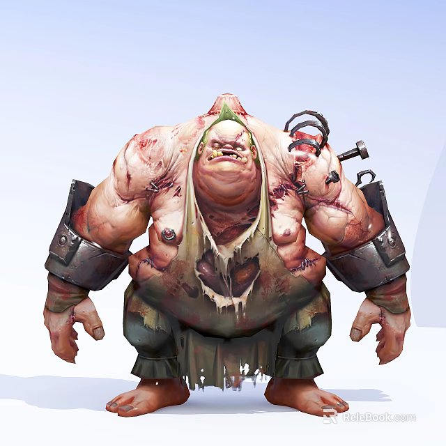 Giant Obese Creature Character With Skull Apron Metal Bracers Shoulder Tools And Wounds Blood 3d model 