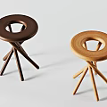 Three Stylish Stools with Crossed Legs Round Seat Hole and Black Brown Natural Finish