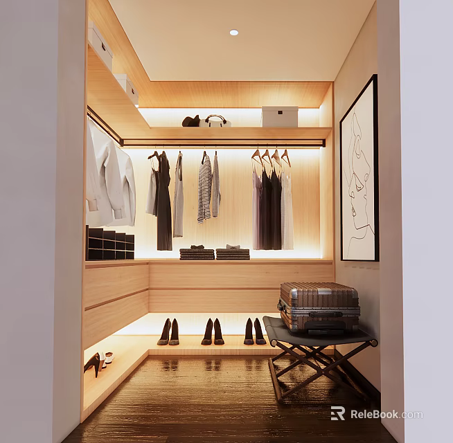 Elegant Modern Walk-in Closet Interior Design With Wooden Cabinets Hanging Area Shoes Mirror And Lighting 3d model 