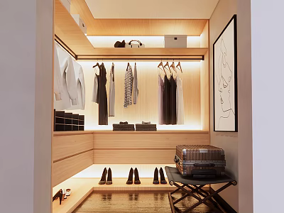 Elegant Modern Walk-in Closet Interior Design With Wooden Cabinets Hanging Area Shoes Mirror And Lighting 3d model