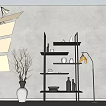 Modern Black Multi Tiered Shelving Unit With Vases Bowls And White Vase On Grey Wall