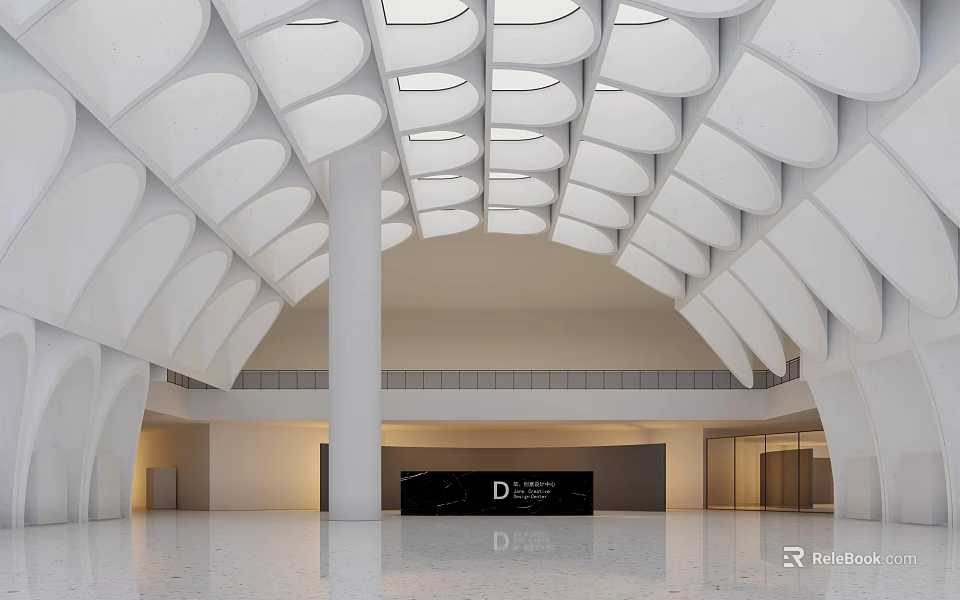Elegant Modern Reception Lobby With White Arched Ceiling And Black Front Desk 3d model 