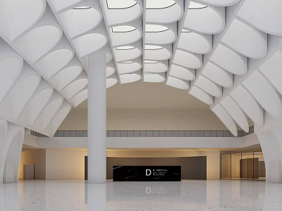 Elegant Modern Reception Lobby With White Arched Ceiling And Black Front Desk 3d model
