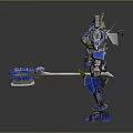 Game Movie Character Mech Robot With Blue Yellow Mechanical Armor And Long Weapon