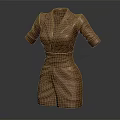 Brown Leather Dress With Lapel Collar Short Sleeves Belted Waist Fitted Style