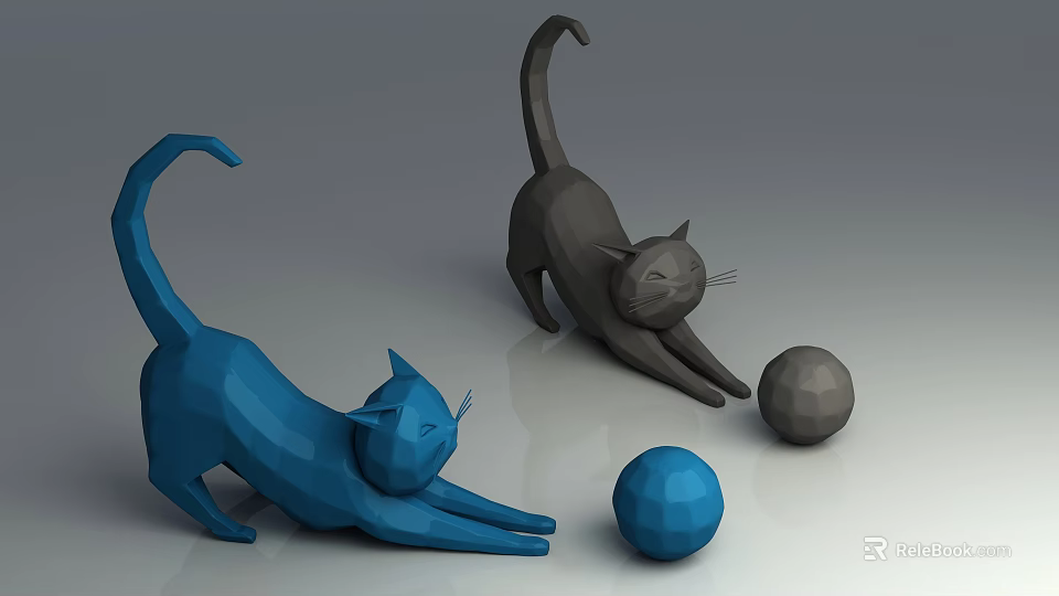 Geometric Design Decorative Ornament Set With Blue Gray Cat Shaped And Spherical Pieces 3d model 