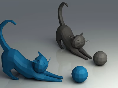 Geometric Design Decorative Ornament Set With Blue Gray Cat Shaped And Spherical Pieces 3d model