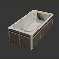 Modern Bathtub With Wooden Frame White Body And Blue Accents Massage Jets