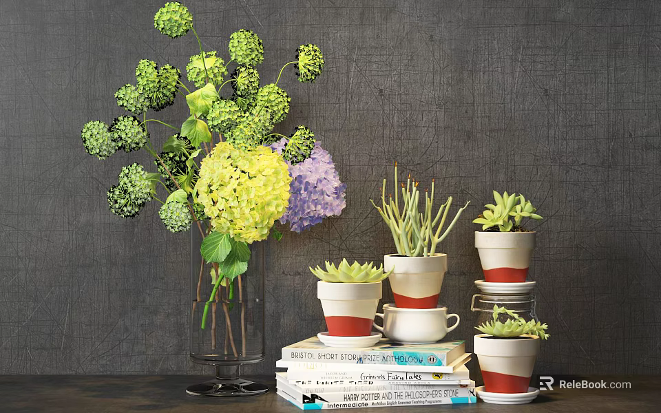 Bonsai Potted Plants With Succulents Flowers And Red White Pots On Stacked Books 3d model 