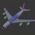Blue and white passenger airplane with four engines long fuselage and modern aerodynamic design