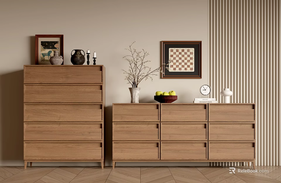Modern Wooden Entryway Cabinet And Side Cabinet With Drawer Storage Vase Fruits And Clock 3d model