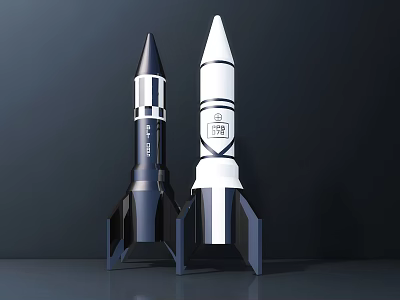 Rocket Shaped Decorative Ornament Set With Dark Blue And White Stripes And Logo 3d model