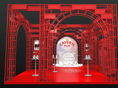 Red Frame Exhibition Booth with Cavern Pub Sign Display Podiums and White Central Area 3d model