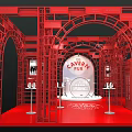 Red Frame Exhibition Booth with Cavern Pub Sign Display Podiums and White Central Area 3d model