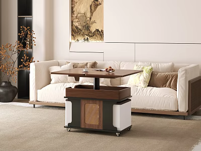 Chinese Style Wooden Coffee Table With Lattice Design And Sofa In Living Room 3d model