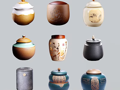 Various Colorful Ceramic Tea Canisters With Traditional Patterns And Decorative Styles 3d model