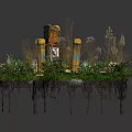 Detailed Miniature Scene Construction With Lush Green Plants Yellow Pillars Small Buildings And Signposts