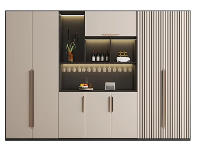 Modern Wine Cabinet With Wine Bottles Glasses Decorative Plant And Sleek Storage 3d model