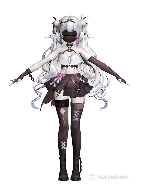 Anime Style Woman With Long White Hair Frilled Top Dark Skirt And Thigh High Socks 3d model 