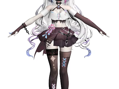 Anime Style Woman With Long White Hair Frilled Top Dark Skirt And Thigh High Socks 3d model