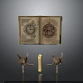 Ancient Open Book With Intricate Patterns Ornate Brass Candlesticks And Lit Candle