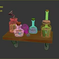 Vintage Wooden Cart Display With Metal Bottles Cans And Orange Lids