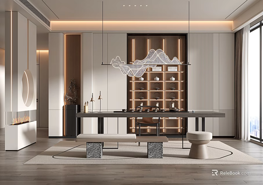 Modern Tea Room Interior Design Featuring Tea Table Wooden Shelf Pendant Light And Seating 3d model 