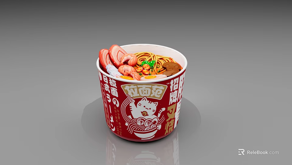 Cup Noodles With Sliced Meat Shrimp Green Vegetables In Red Cup With Cartoon Design 3d model 