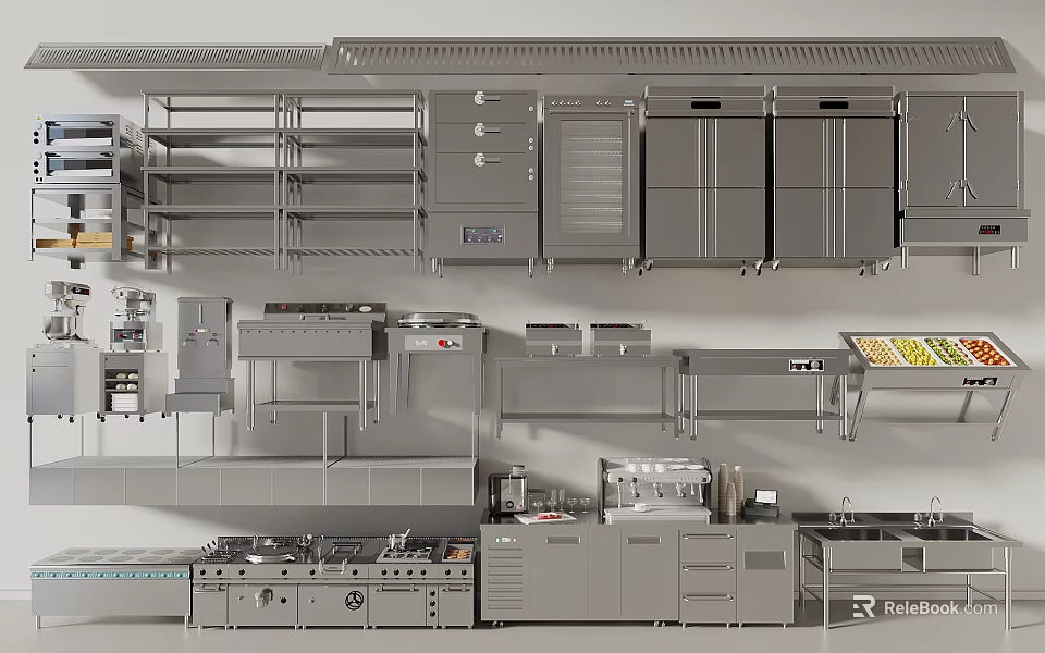 Commercial Kitchen Equipment With Stainless Steel Cooking Stations Storage Cabinets And Shelving Units 3d model 