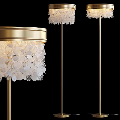 Elegant Floor Lamp With Golden Pole And White Feather Like Shade 3d model