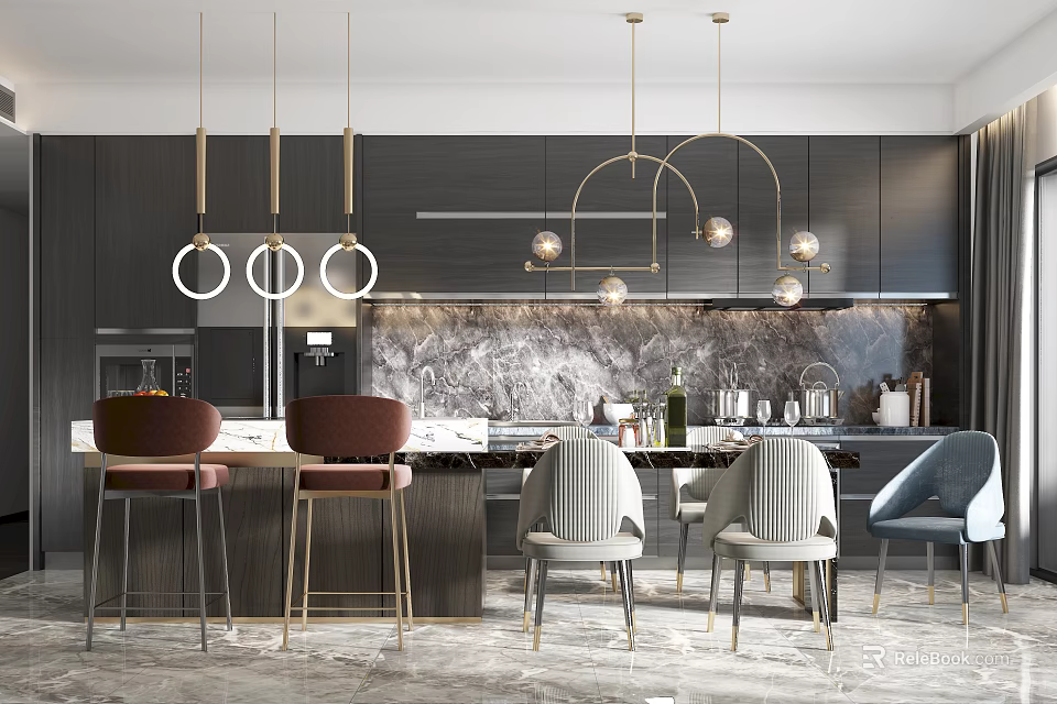 Modern Dining Table Set With Mixed Chairs Golden Pendant Lights And Marble Kitchen Backsplash 3d model