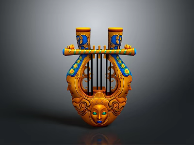 Decorative Orange Lyre Ornament With Blue Yellow Accents And Carved Face Design 3d model