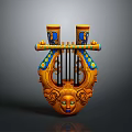 Decorative Orange Lyre Ornament With Blue Yellow Accents And Carved Face Design