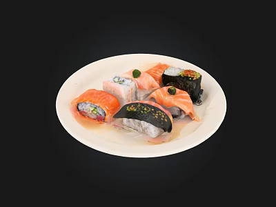 Assorted Sushi Rolls With Salmon Avocado And Seaweed On White Plate 3d model