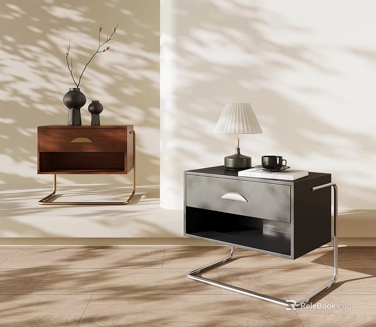 Modern Brown and Black Bedside Tables with Drawers Metal Frames and Decorative Items 3d model 