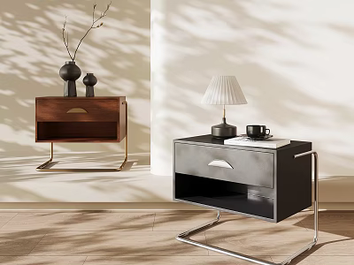 Modern Brown and Black Bedside Tables with Drawers Metal Frames and Decorative Items 3d model
