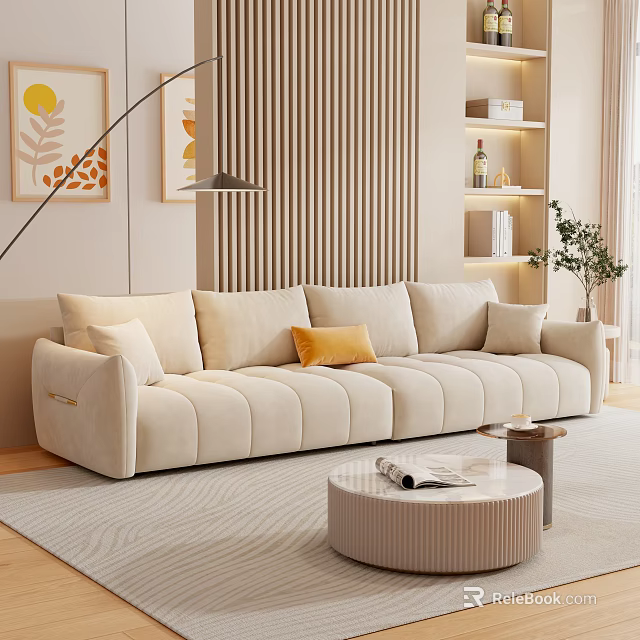 Beige Large Sofa With Yellow Cushion In Modern Living Room Wooden Wall And Coffee Table 3d model 